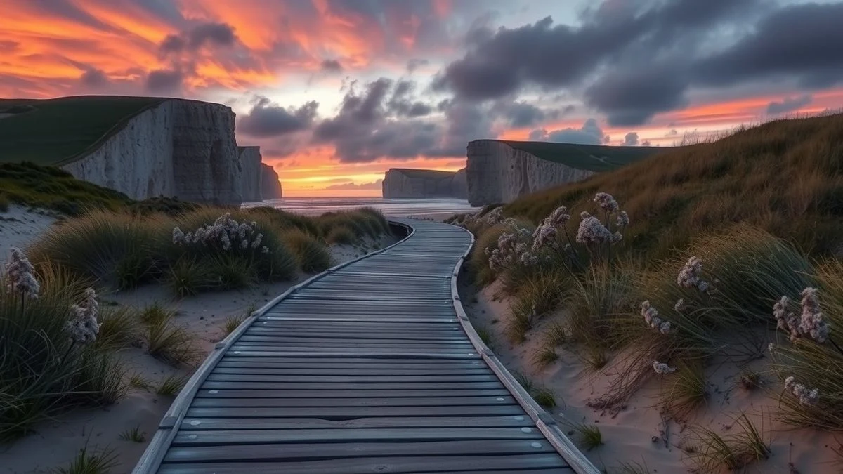 Pasarela de madera serpenteando entre dunas costeras al atardecer, con acantilados al fondo.
