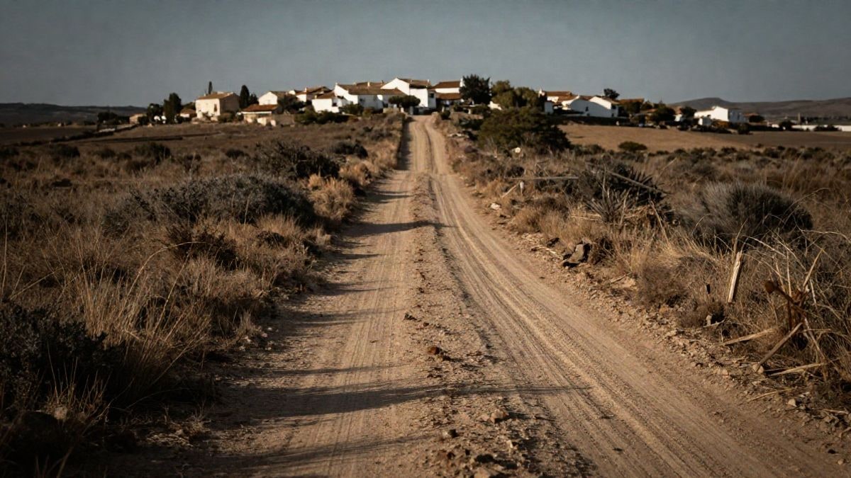 Imagen ilustrativa: camino rural con líneas que convergen hacia un núcleo de casas al fondo