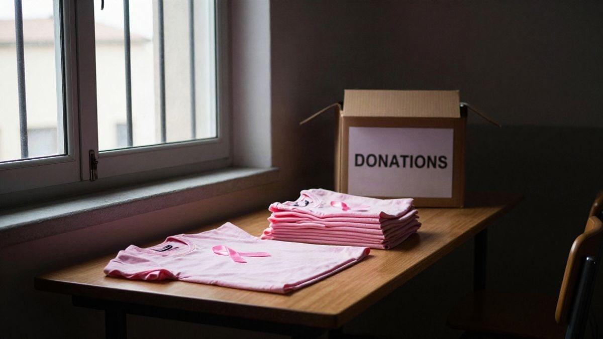 Imagen ilustrativa: mesa con camisetas rosas y un lazo solidario junto a una ventana
