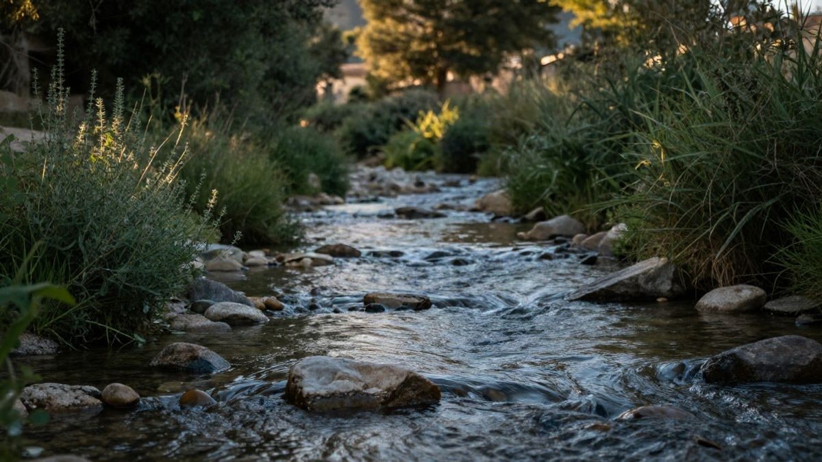 Imagen ilustrativa: un río serrano con aguas claras entre vegetación y piedras
