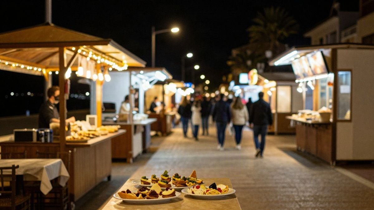 Imagen ilustrativa: paseo marítimo de noche con puestos de comida iluminados y luces cálidas