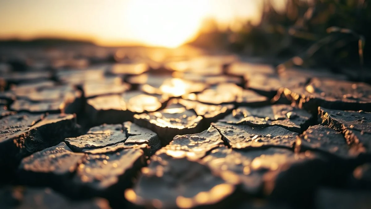 Primer plano de grietas de barro seco en las marismas de Doñana con luz cálida de atardecer