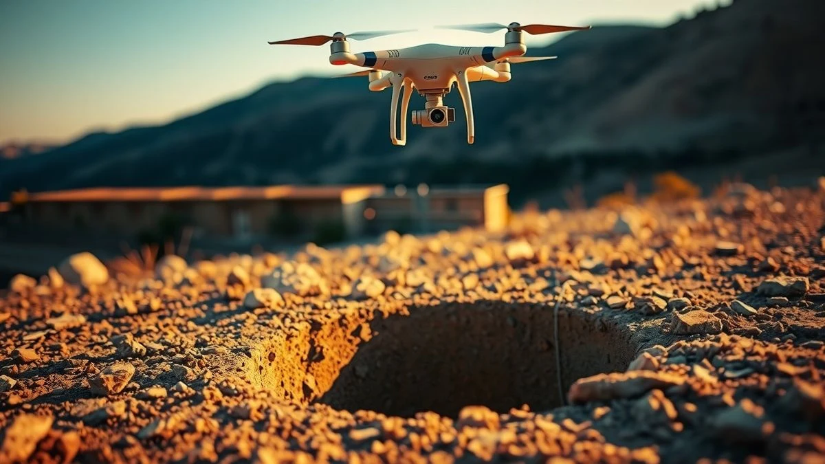 Imagen ilustrativa: un pozo abierto en un campo seco al atardecer, con un dron sobrevolando la zona, en una escena de búsqueda rural.
