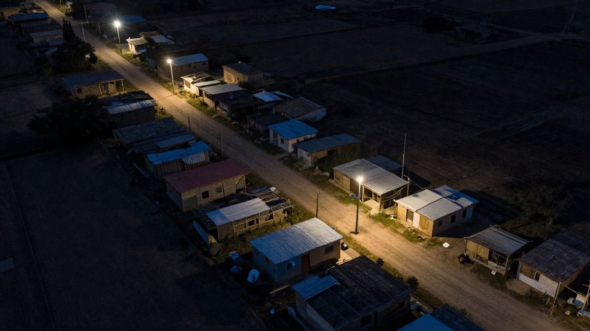Imagen ilustrativa: vista nocturna de un asentamiento rural con luces artificiales tenues