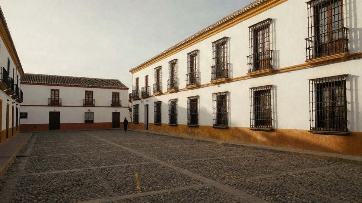 Imagen ilustrativa: fachada de una casa histórica restaurada en una plaza andaluza, con luz de atardecer