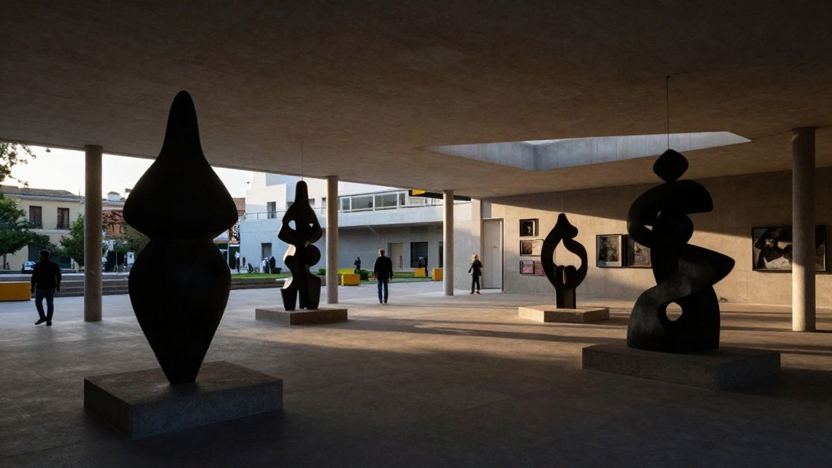 Imagen ilustrativa: esculturas y obras de arte en los exteriores de un edificio cultural moderno