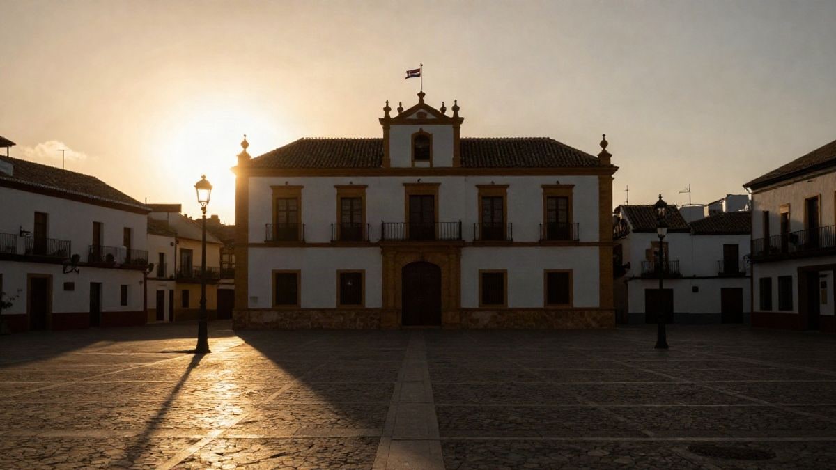 Imagen ilustrativa: fachada de un edificio consistorial andaluz a contraluz al atardecer, con sombras largas en una plaza empedrada