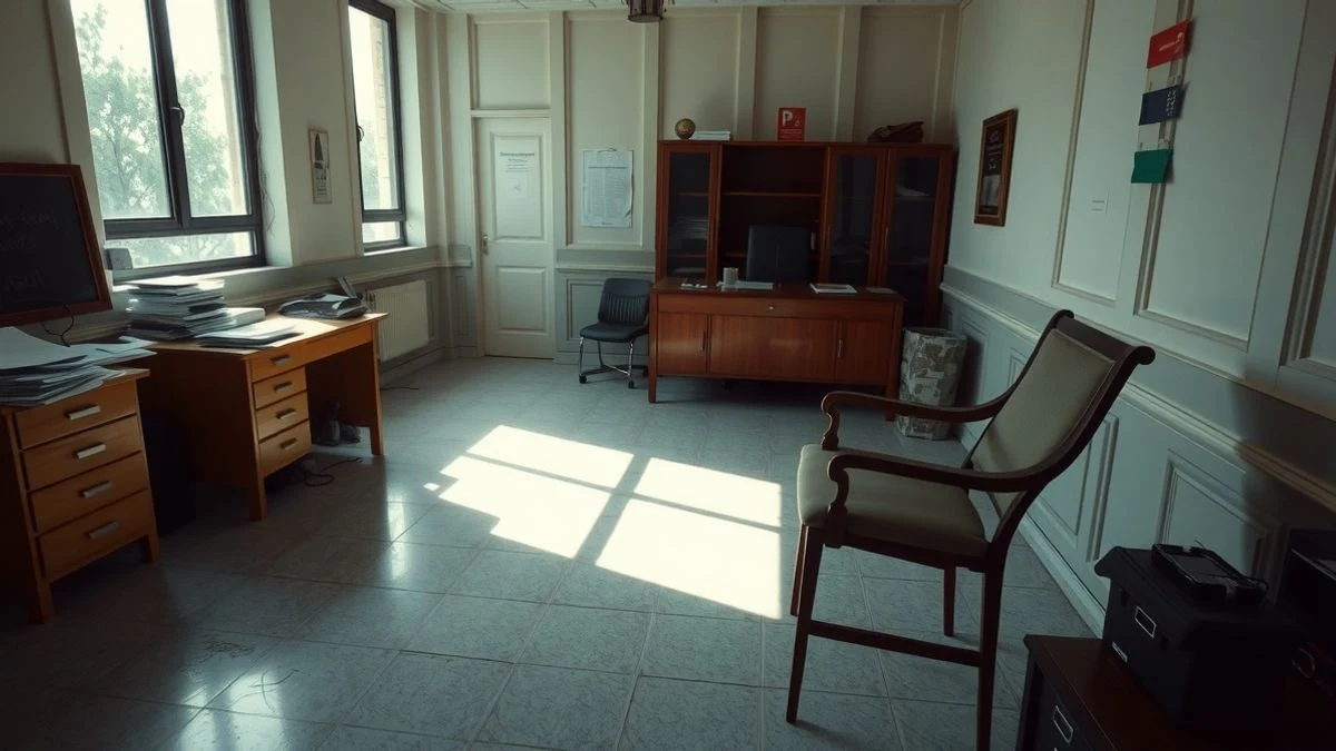 Imagen ilustrativa: un despacho municipal desordenado con papeles y una silla volcada, iluminado por luz natural que crea sombras largas.