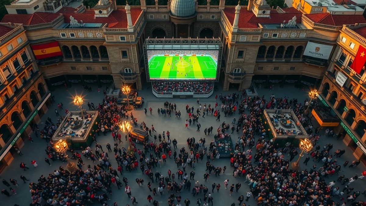 Vista cenital de una plaza abarrotada con una pantalla gigante mostrando un partido de fútbol