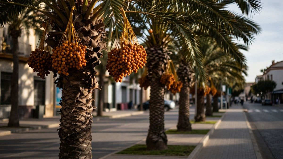 Imagen ilustrativa: una palmera con racimos de dátiles maduros en una calle de una ciudad española al atardecer