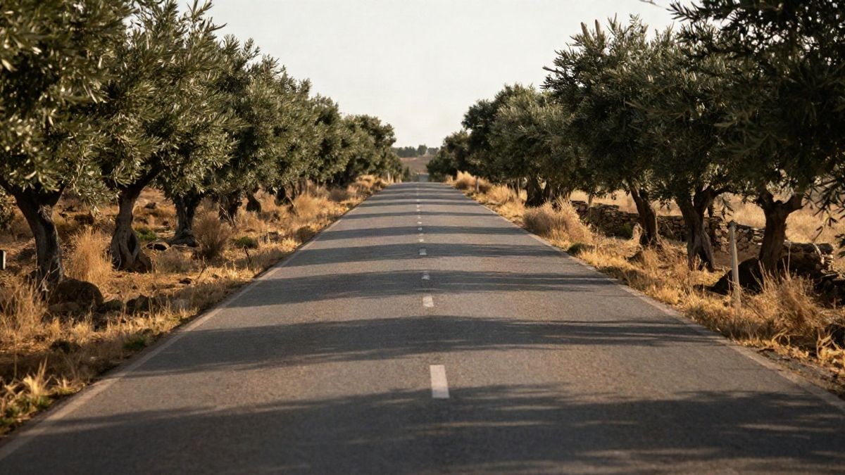Imagen ilustrativa: Un camino rural largo que converge hacia el horizonte, bordeado de olivos al atardecer