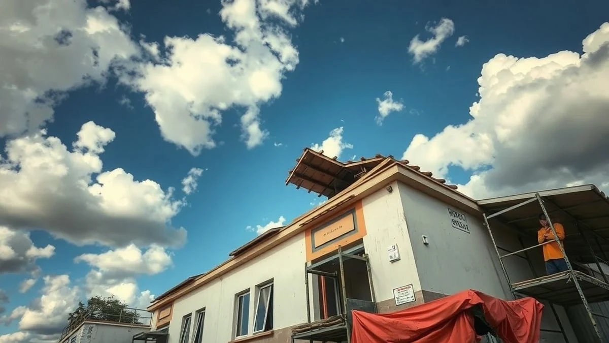 Vista a ras de suelo de un edificio escolar con el tejado en reparación, andamios y cielo azul de fondo