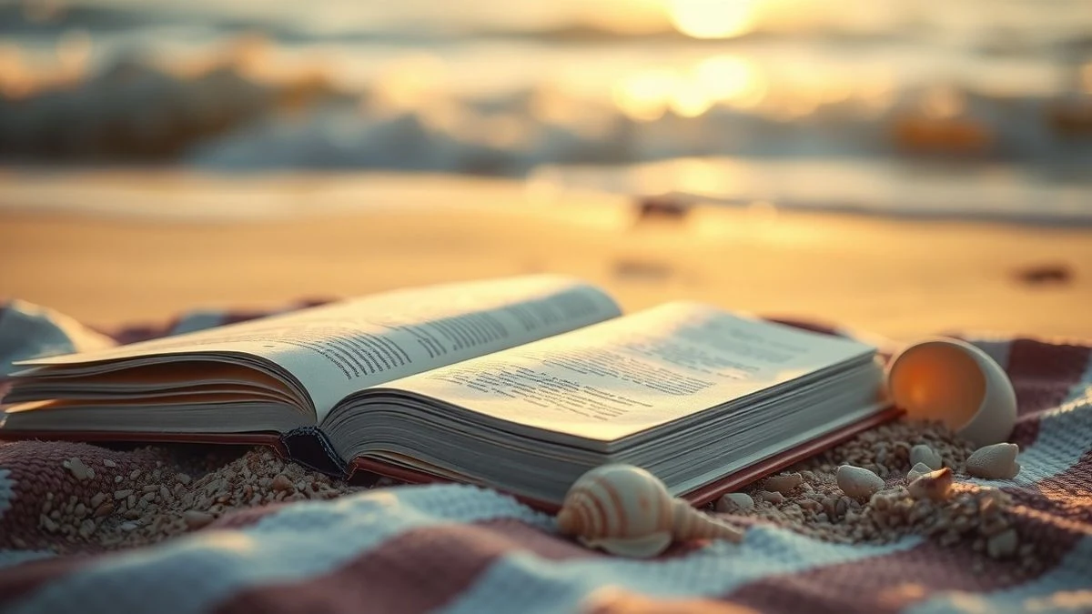 Libro abierto sobre una toalla en la arena junto a una concha, con el mar de fondo