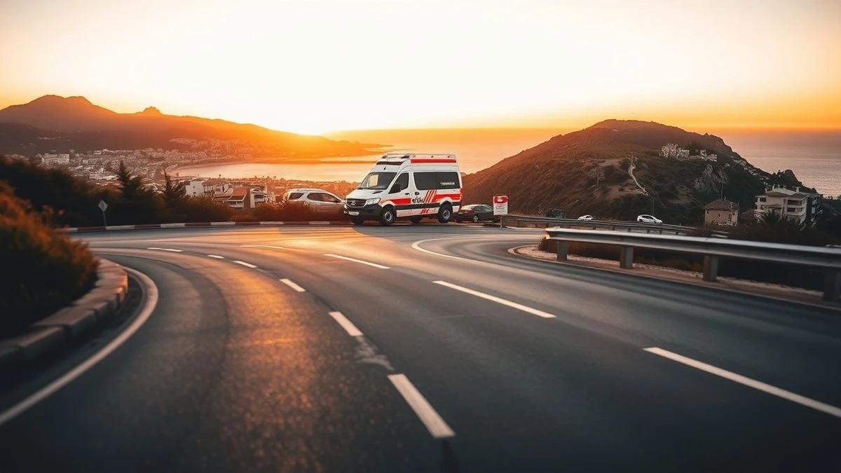 Carretera costera al atardecer con una ambulancia aparcada al borde, hacia un pueblo de playa