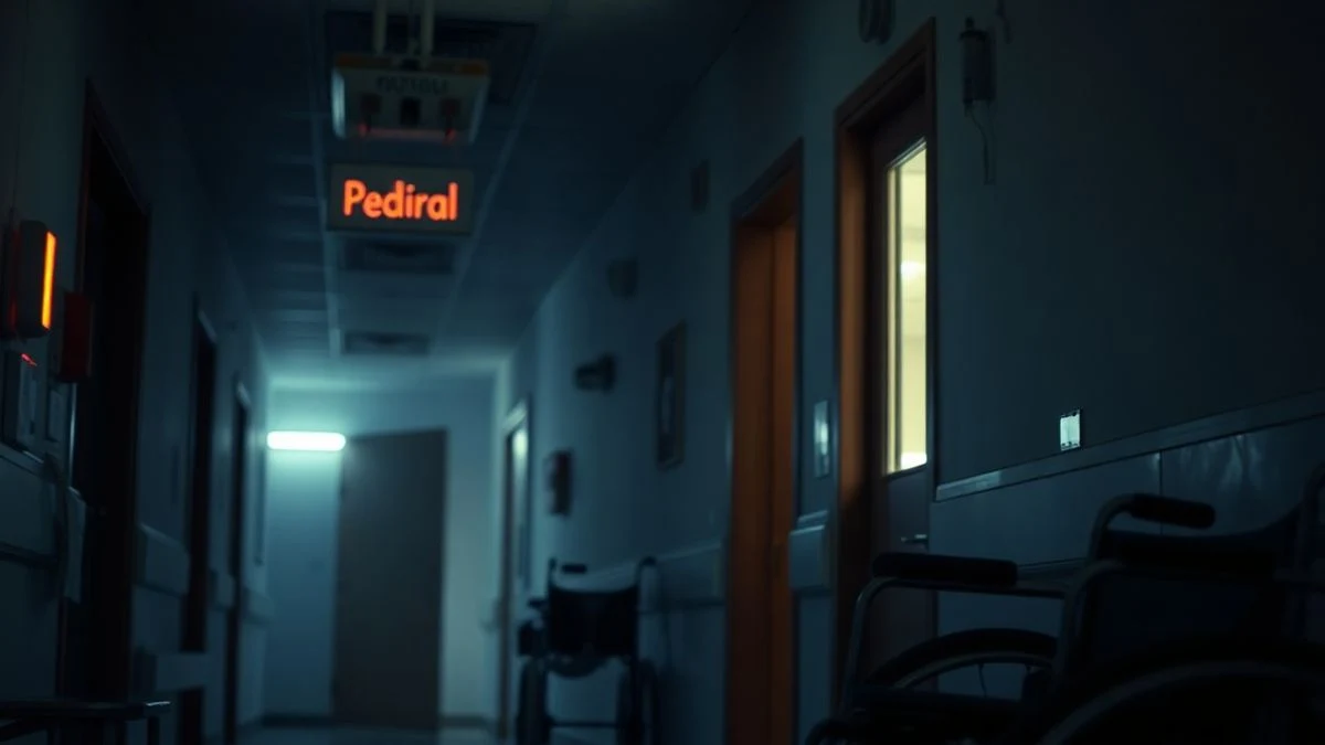 Pasillo de hospital infantil con luz tenue de neón y sillas de ruedas vacías