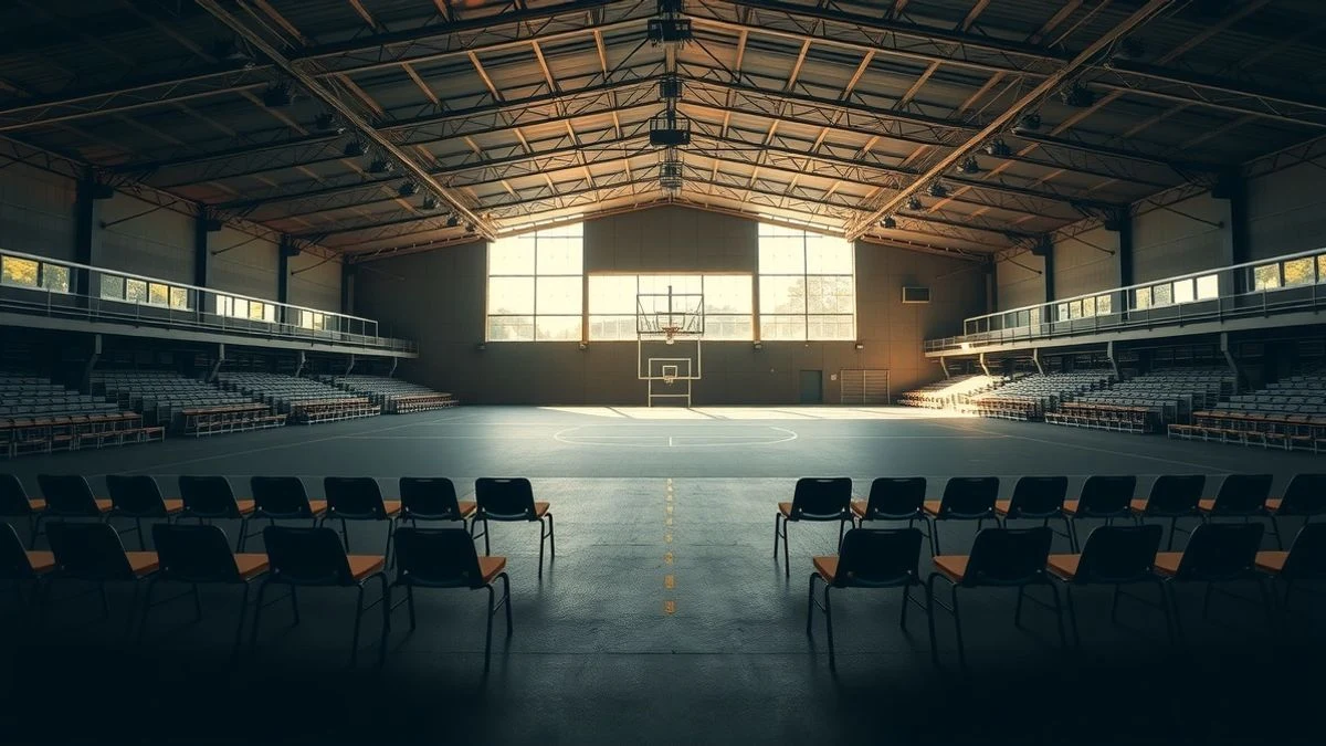 Imagen ilustrativa: interior de un pabellón polideportivo preparado con camas y sillas para acoger a personas desalojadas