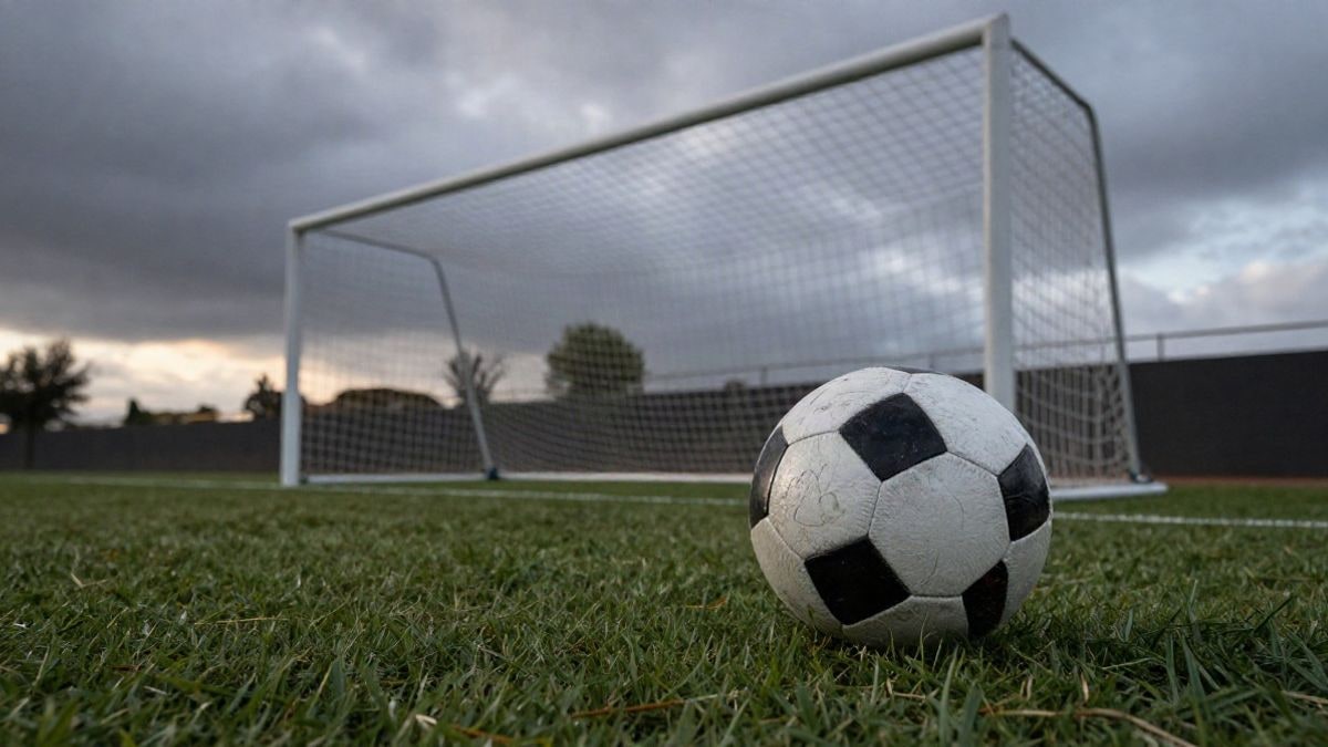 Imagen ilustrativa: balón de fútbol sobre el césped junto al punto de penalti, con la portería de fondo y el cielo al atardecer.