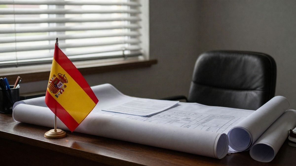 Imagen ilustrativa: un despacho con planos y documentos sobre una mesa y una silla vacía junto a la ventana
