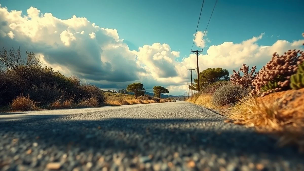 Imagen ilustrativa: carretera rural con márgenes de hierba seca y cielo despejado al atardecer