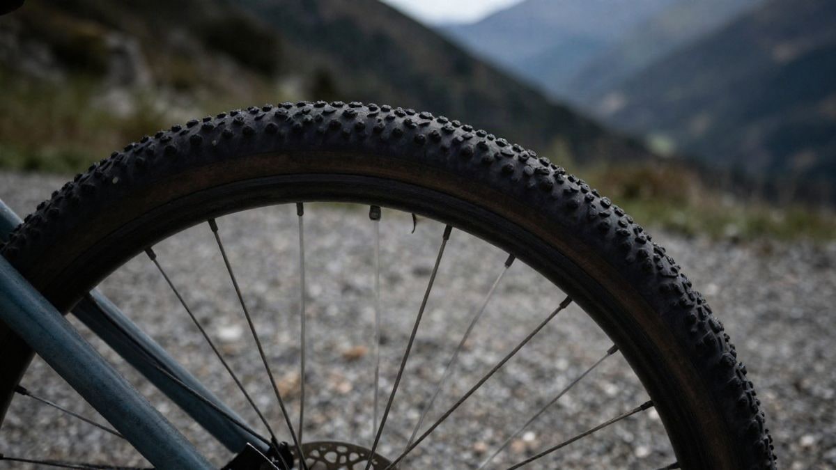 Imagen ilustrativa: detalle de una rueda de bicicleta sobre un camino de tierra en un entorno de montaña