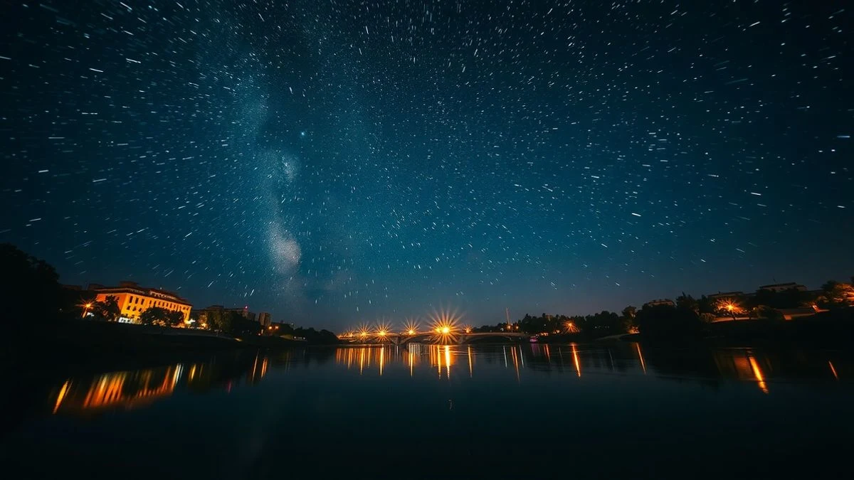 Imagen ilustrativa: fuegos artificiales sobre una ría al anochecer, con reflejos en el agua y una ciudad iluminada al fondo.