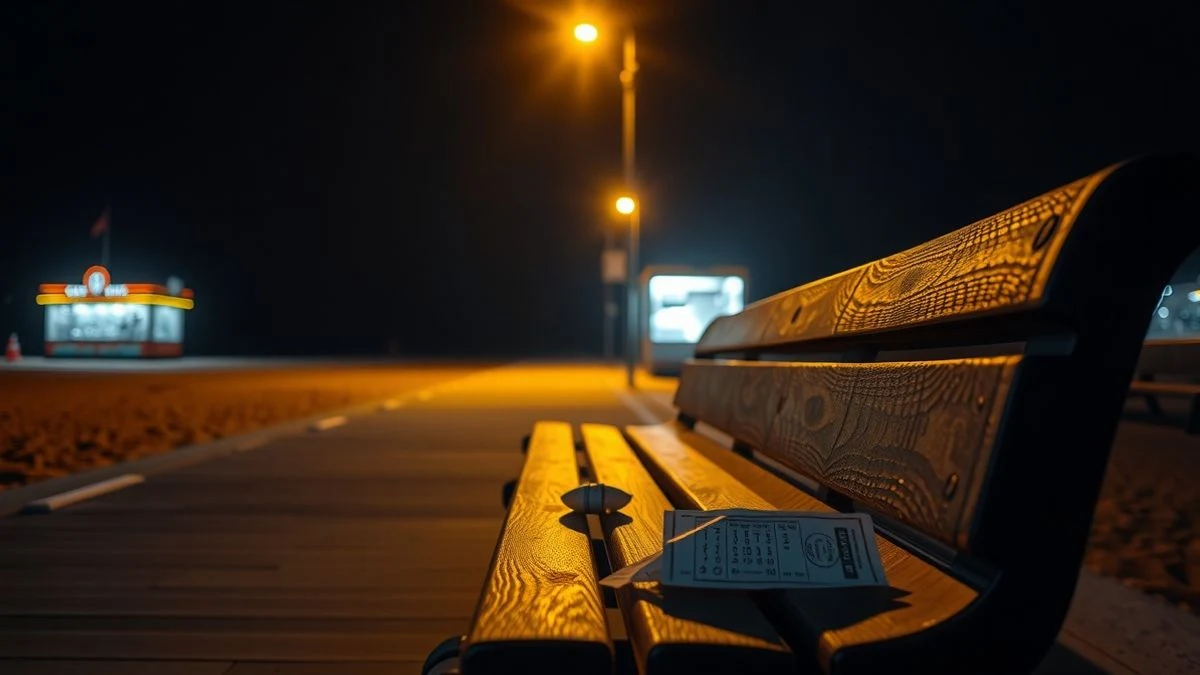 Plano nocturno de un paseo marítimo con farola, banco vacío y un cupón de lotería en el suelo