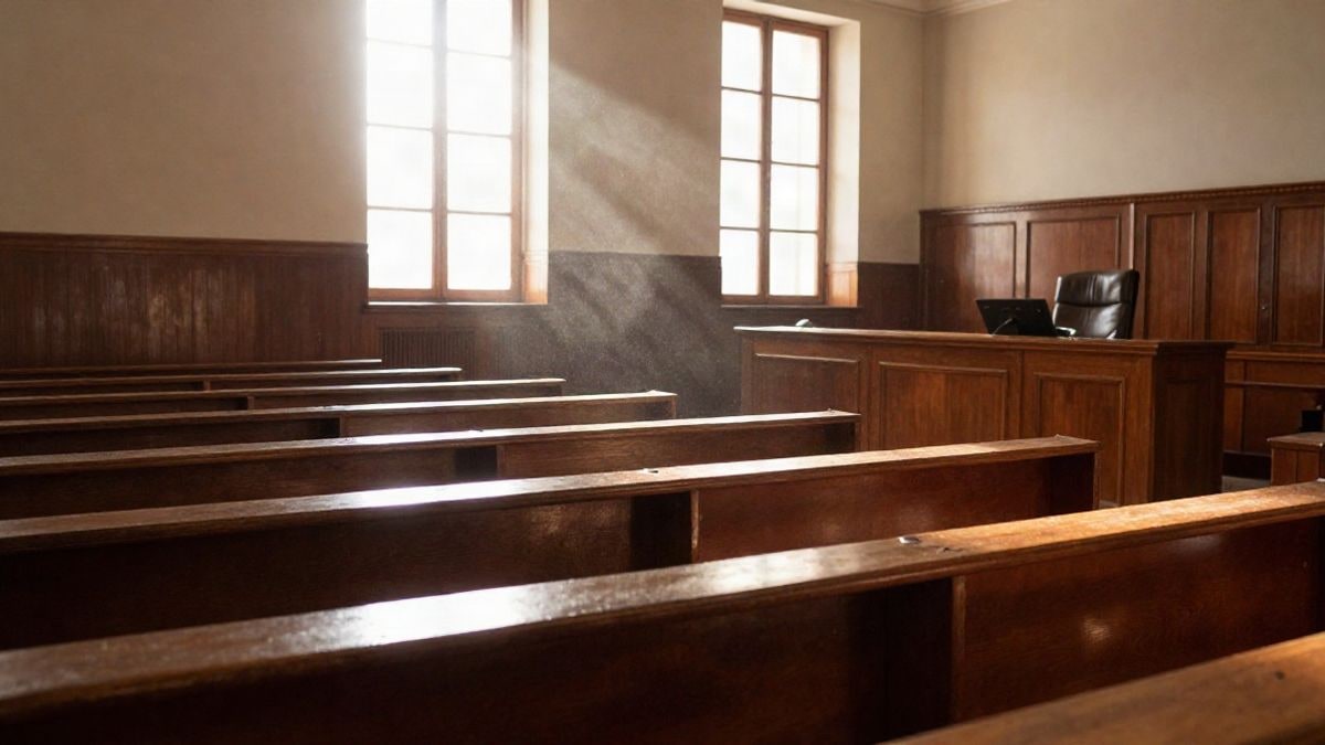 Imagen ilustrativa: sala de tribunal vacía con luz natural entrando por las ventanas.