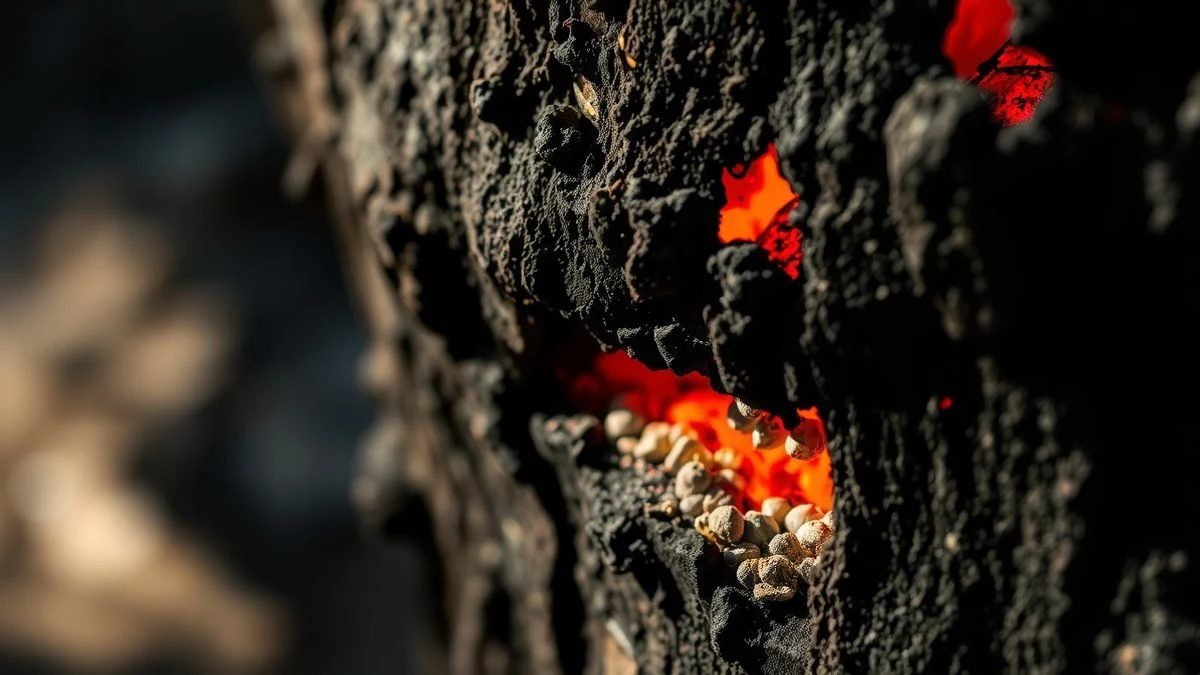 Imagen ilustrativa: detalle de corteza de árbol carbonizada con cenizas y brasas, iluminación dramática