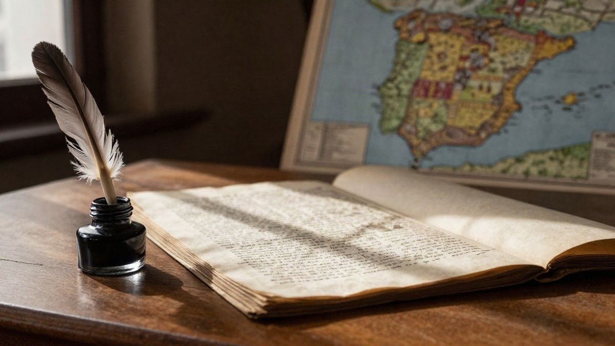 Imagen ilustrativa: un documento histórico antiguo con pluma y tintero sobre una mesa de madera, con un mapa de España de fondo desenfocado.