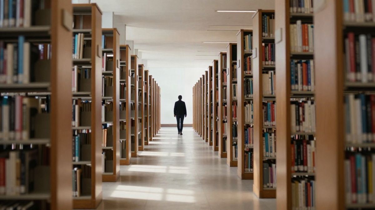 Imagen ilustrativa: una persona camina por un pasillo de biblioteca universitaria con estanterías de madera y luz natural