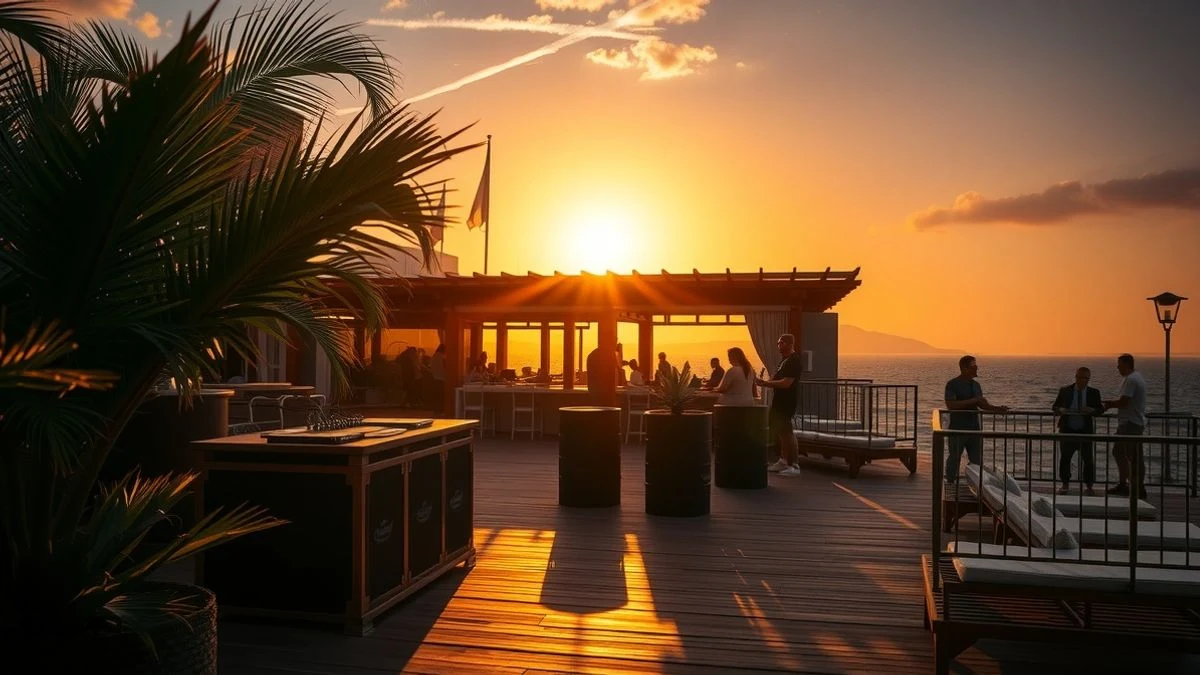 Terraza de beach club al atardecer con cabina de DJ y siluetas de bailarines