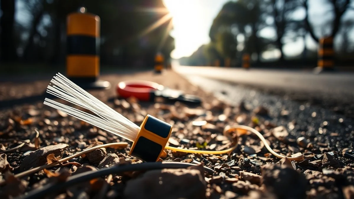 Cable de fibra óptica cortado en el suelo junto a unos alicates, cerca de una carretera rural