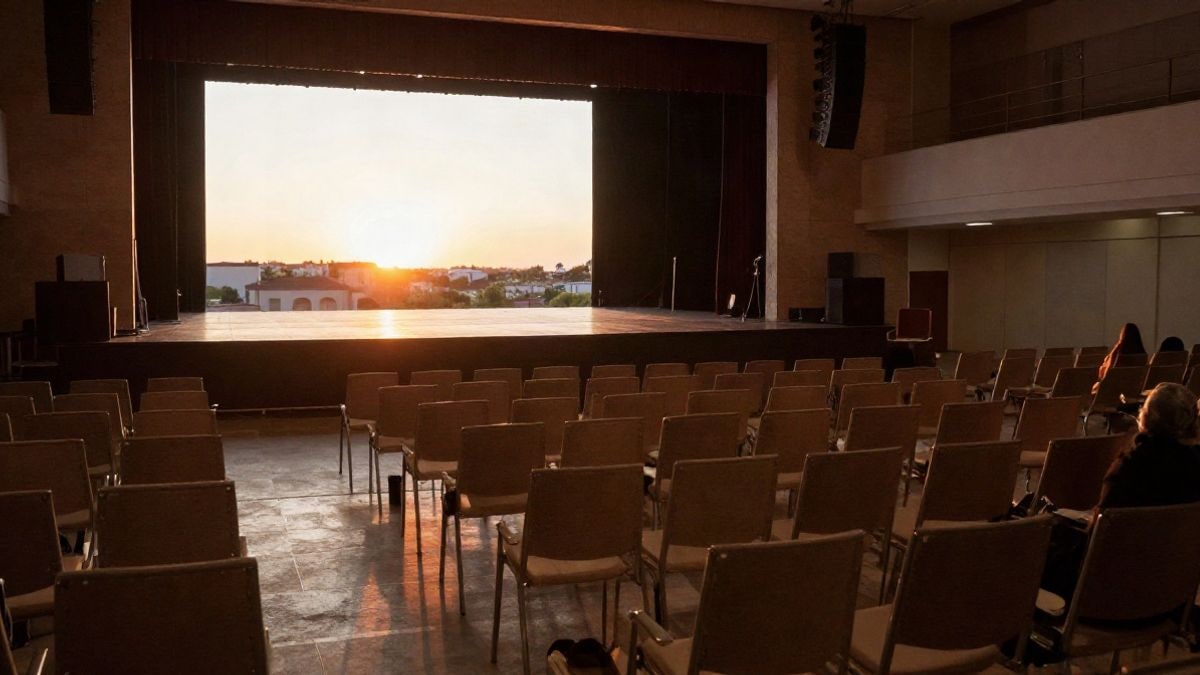 Imagen ilustrativa: un gran salón de eventos preparado para una gala de aniversario al atardecer, con un escenario iluminado y sillas vacías en primer plano.