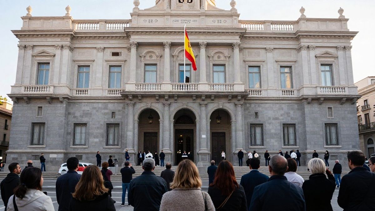 Imagen ilustrativa: fachada de un edificio consistorial con bandera a media asta y un grupo de personas reunido en la escalinata, visto de espaldas.