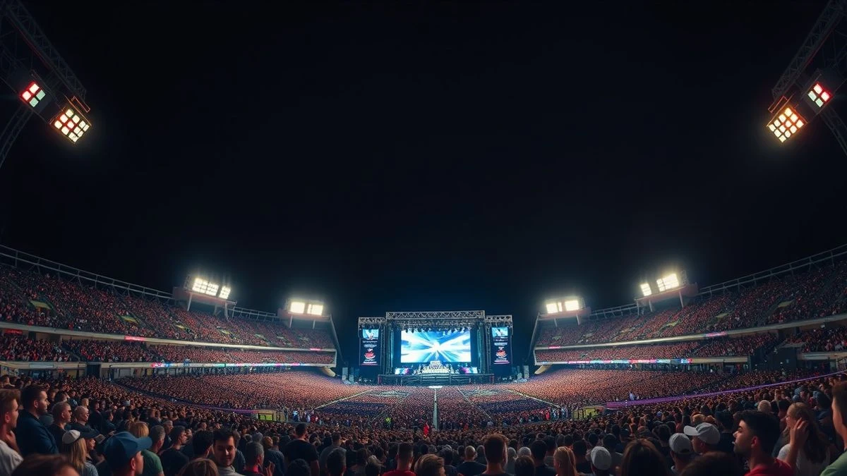 Imagen ilustrativa: vista nocturna de un estadio con un gran escenario iluminado y público asistente a un concierto.