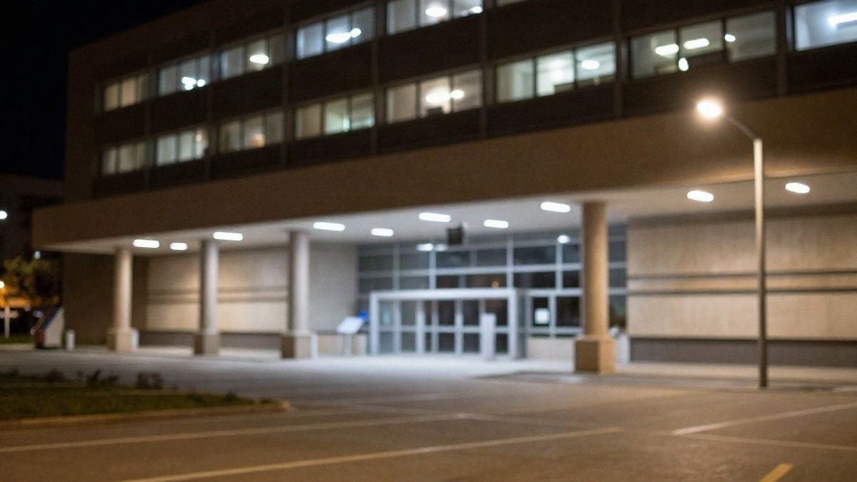 Imagen ilustrativa: fachada de un hospital moderno iluminada de noche con luz artificial