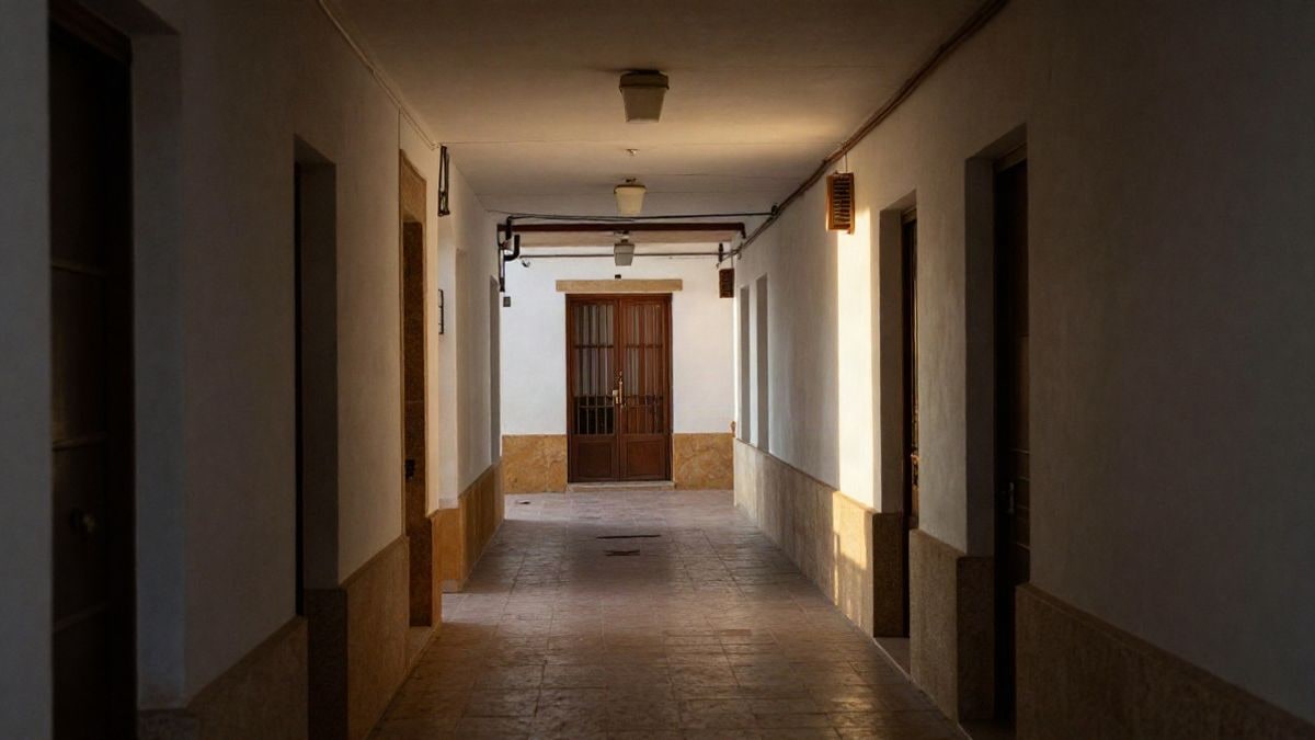 Imagen ilustrativa: pasillo vacío de un centro de protección de menores con líneas que convergen