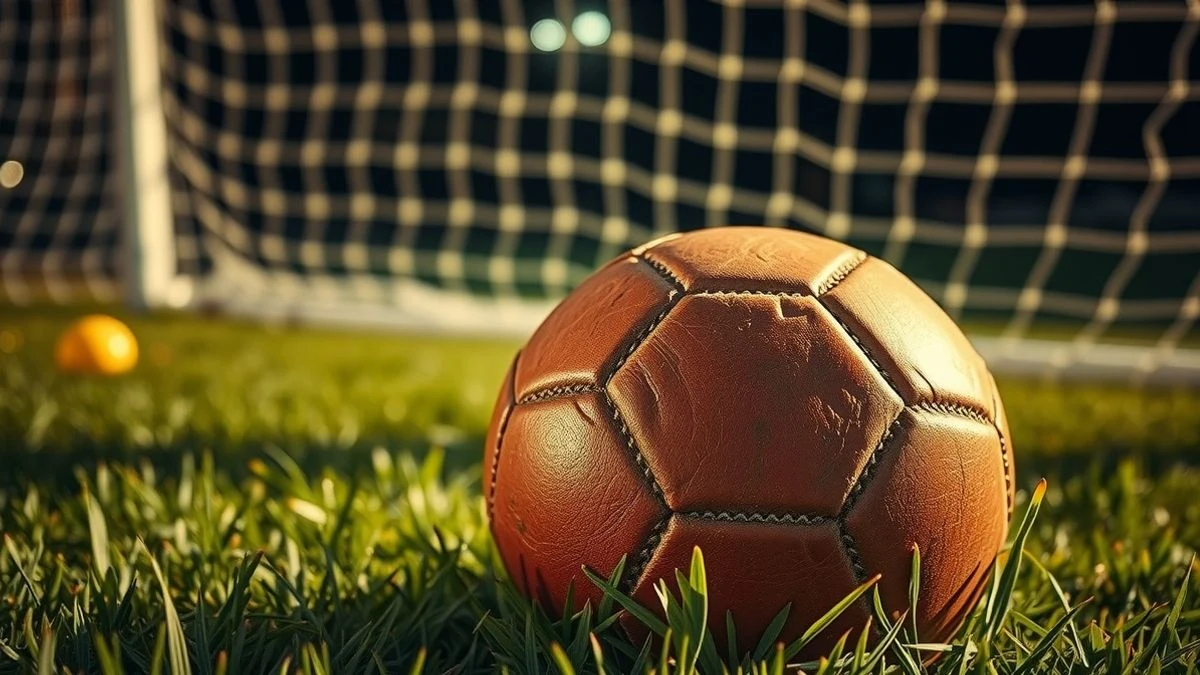 Primer plano de un balón de fútbol de cuero sobre el césped, con la red de una portería al fondo desenfocada, iluminado por la luz del atardecer.