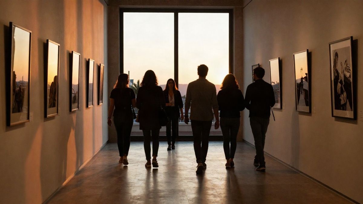 Imagen ilustrativa: contraluz al atardecer con siluetas y sombras largas en un pasillo de galería de arte con fotografías enmarcadas