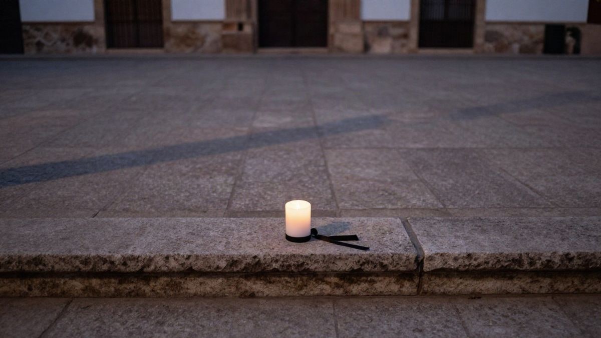 Imagen ilustrativa: una vela blanca sobre un escalón de piedra en una plaza vacía al atardecer