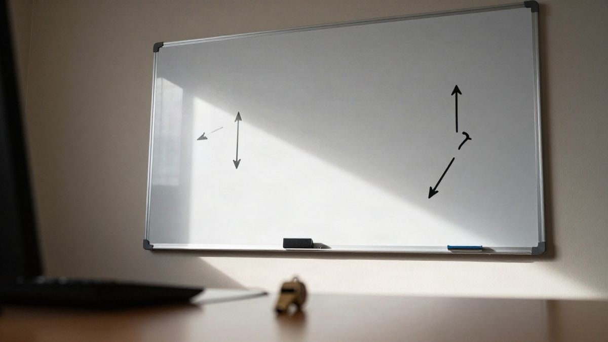 Imagen ilustrativa: pizarra táctica con imanes y un silbato sobre una mesa de despacho
