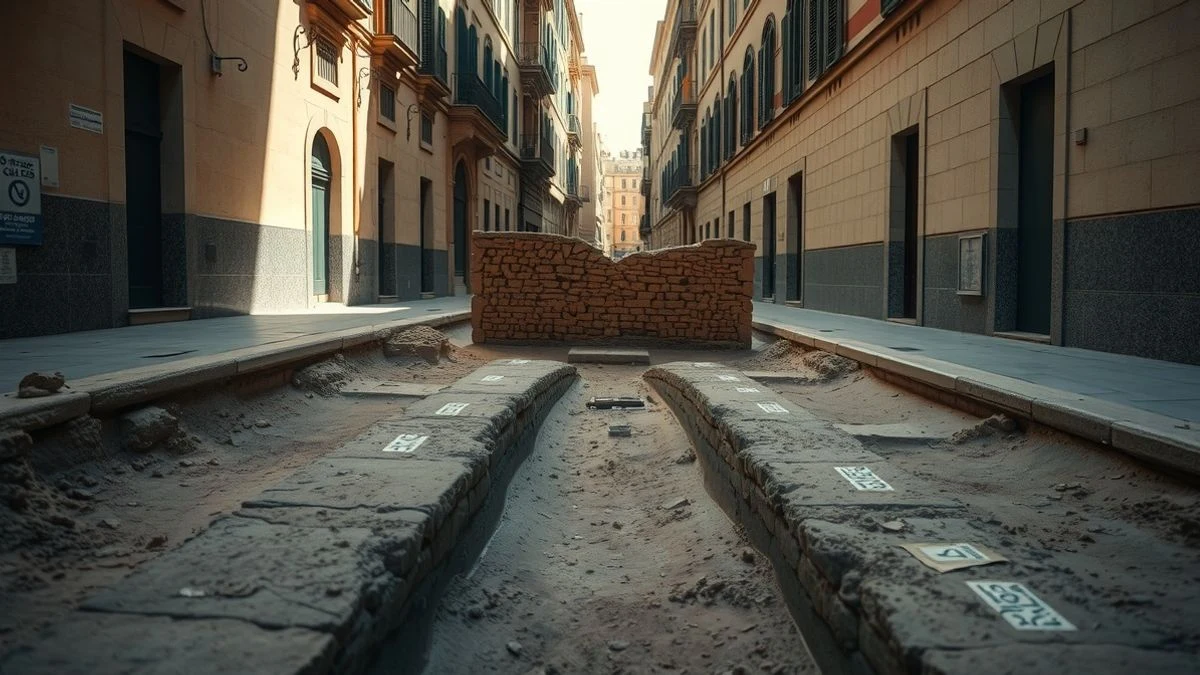 Excavación arqueológica con restos de un muro medieval en una calle de Badajoz