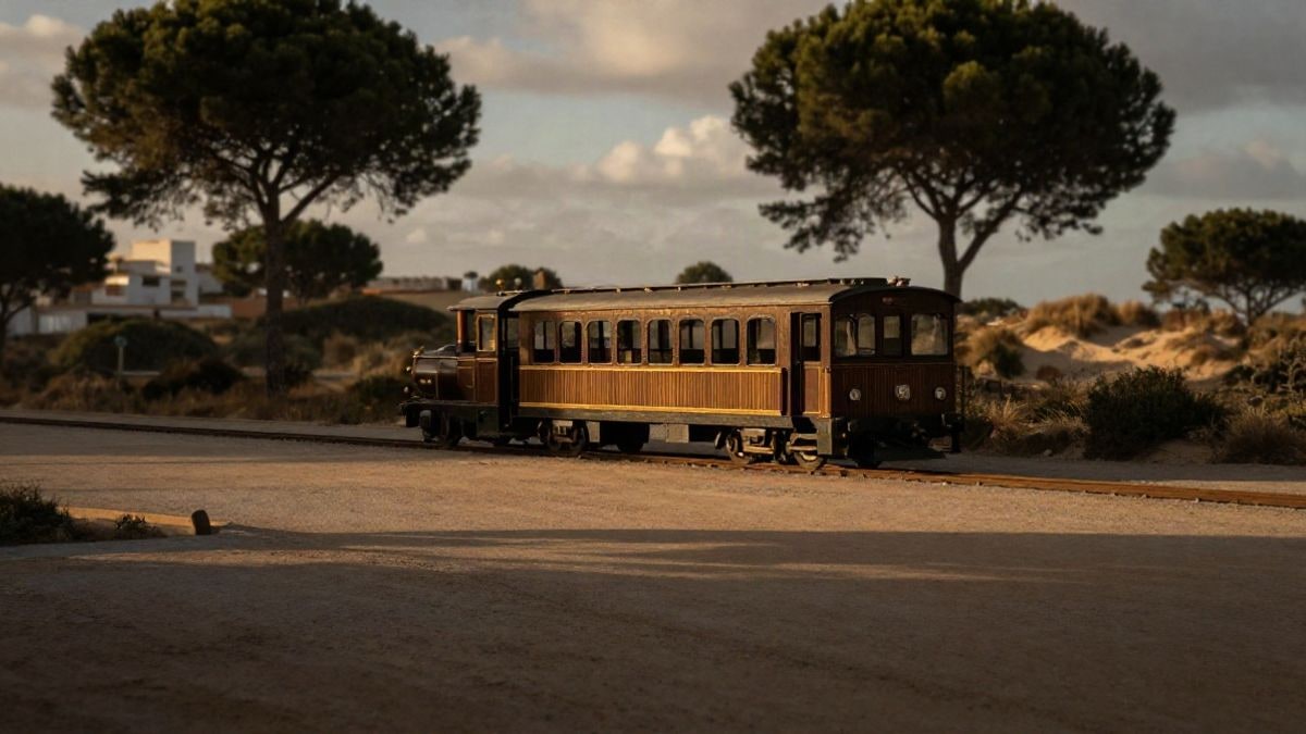 Imagen ilustrativa: tren turístico genérico estacionado en un camino costero al atardecer