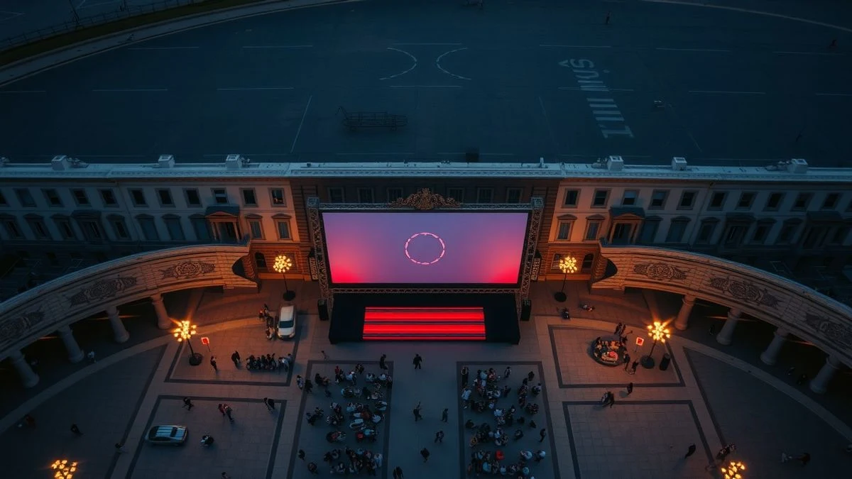 Vista cenital de una pantalla gigante en una plaza con gente de espaldas al atardecer