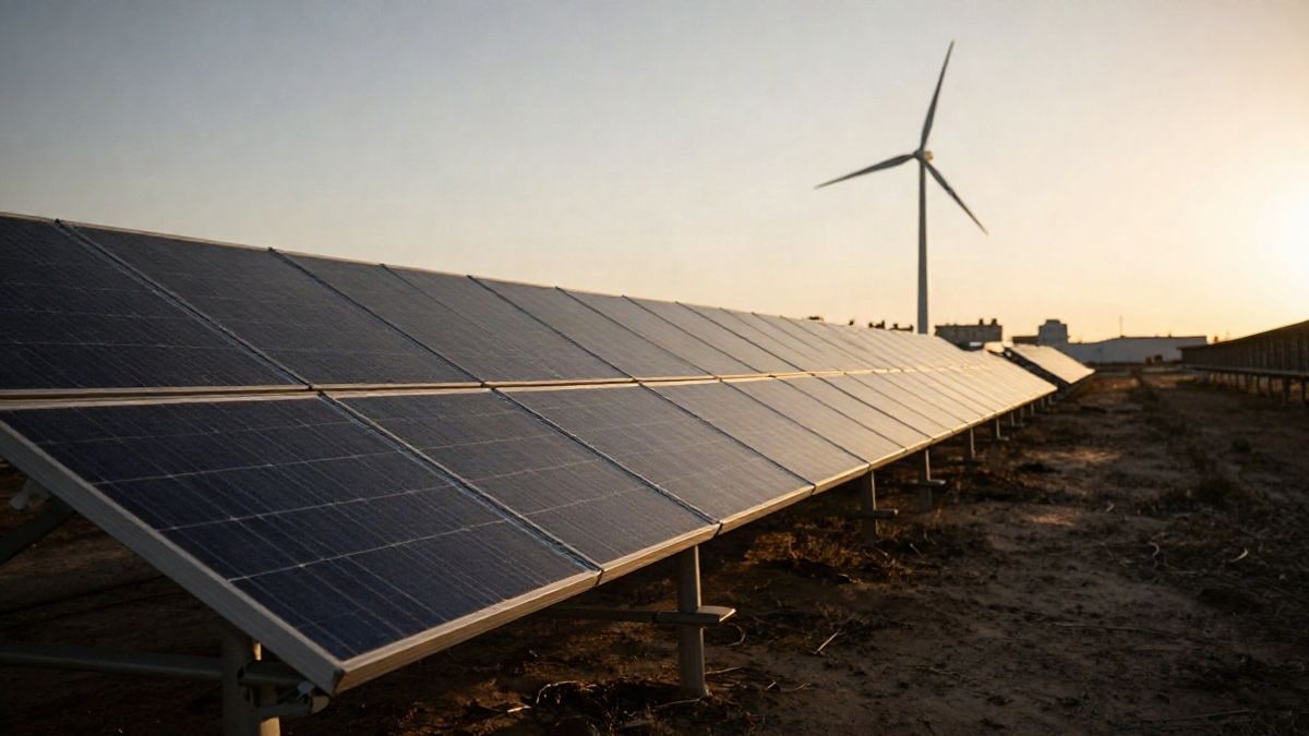 Imagen ilustrativa: paneles solares en una planta fotovoltaica al atardecer con aerogenerador al fondo