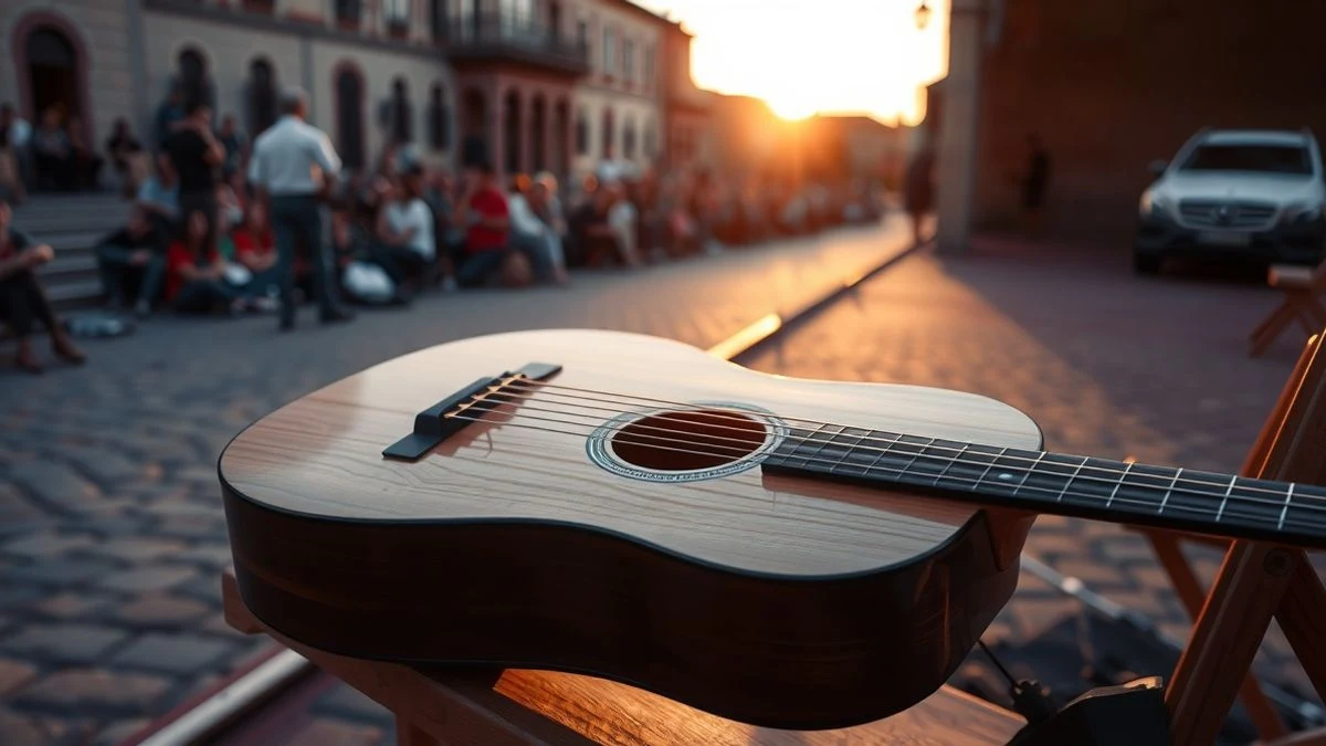 Imagen ilustrativa: guitarra flamenca sobre una silla de madera en un escenario al aire libre al atardecer, con el público desenfocado al fondo.