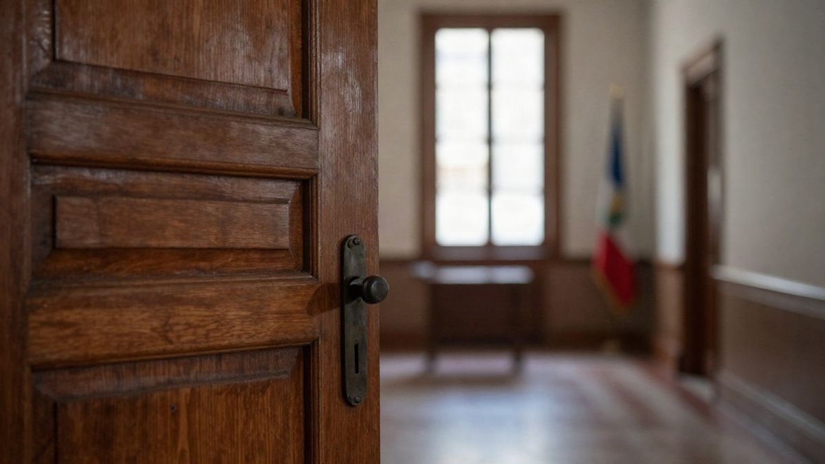 Imagen ilustrativa: pasillo de un edificio judicial con una puerta cerrada y luz natural