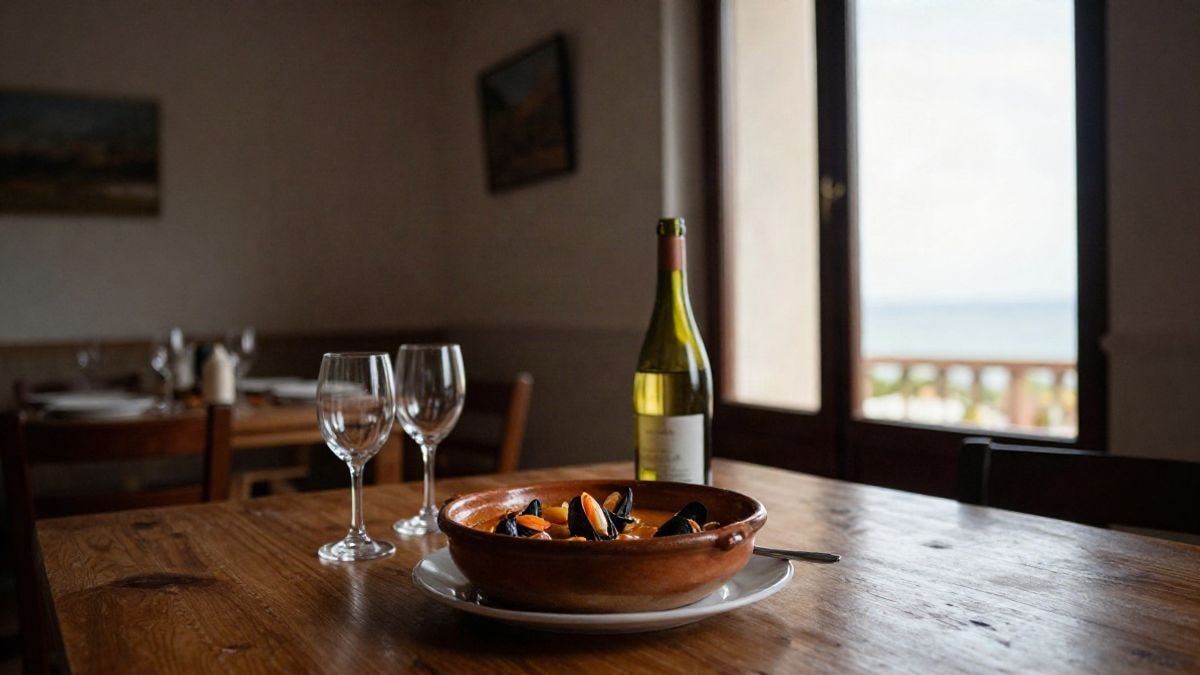 Imagen ilustrativa: mesa de madera con una cazuela de barro con guiso marinero y copas de vino junto a una ventana con luz lateral