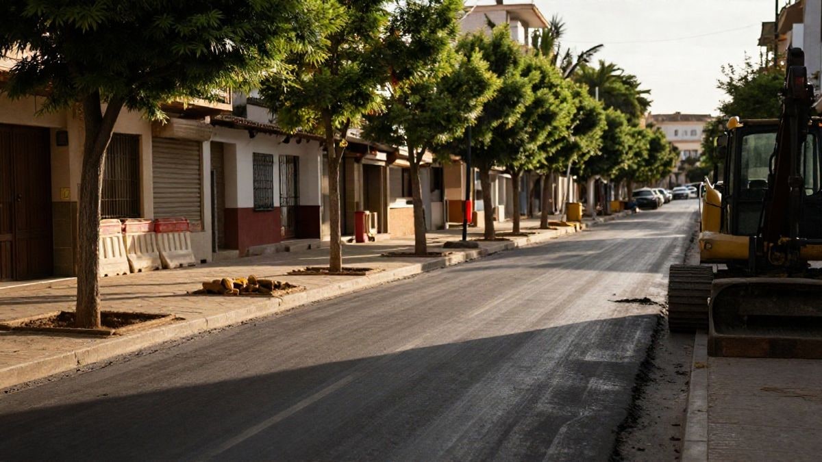 Imagen ilustrativa: calle residencial en obras con pavimento nuevo y árboles en alcorques
