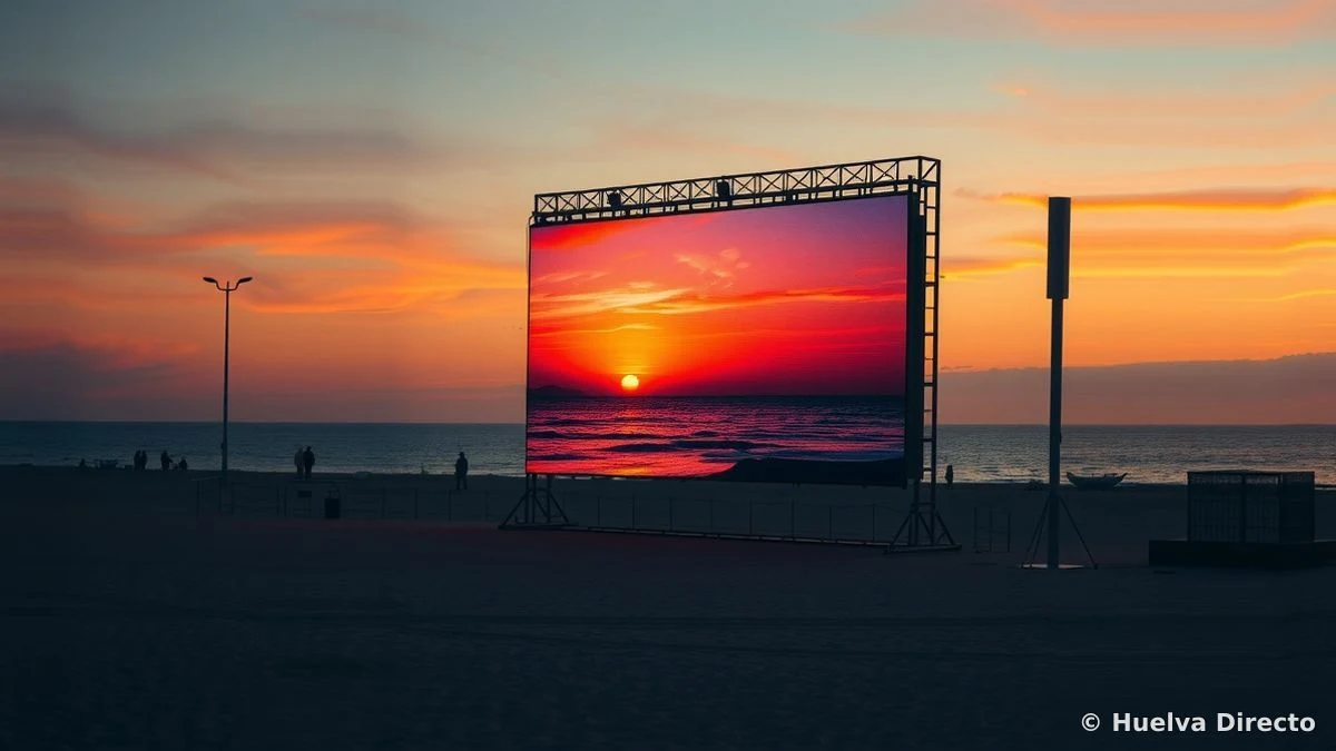 Pantalla gigante al aire libre en una playa al atardecer, con el mar de fondo y algunas sillas vacías